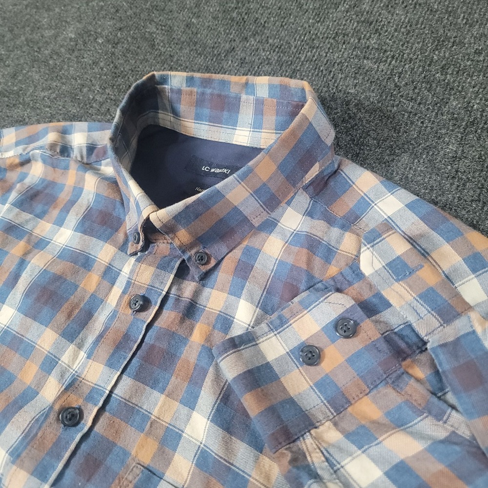 LC Waikiki Men's XL Plaid Button Up Shirt Blue Brown Elbow Patches Casual‎